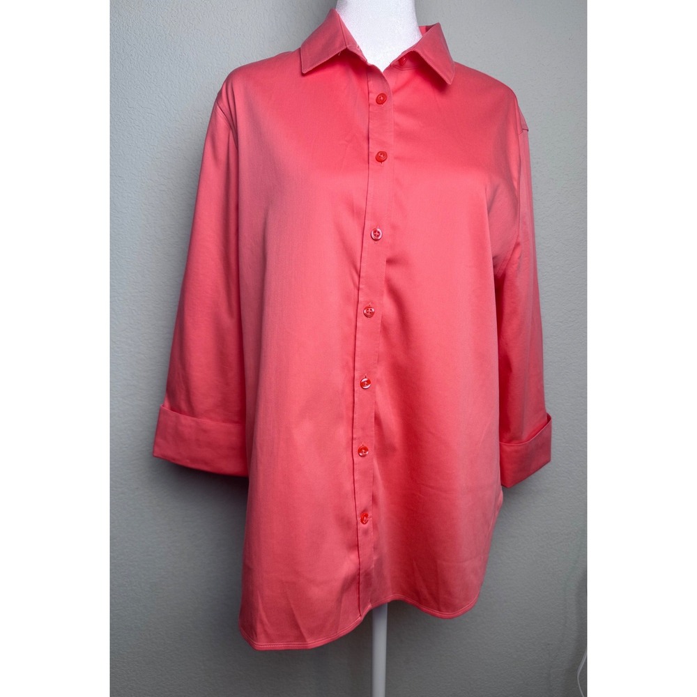 Chico's No Iron Stretch 3/4 Sleeve Shirt Melon Pink Orange Size 2 L 12 NWT